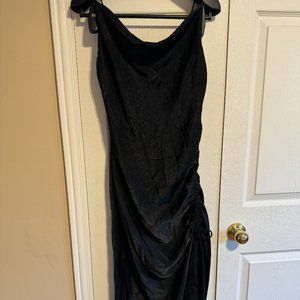 Zara Black Satin Midi dress with ruching and slit, size M